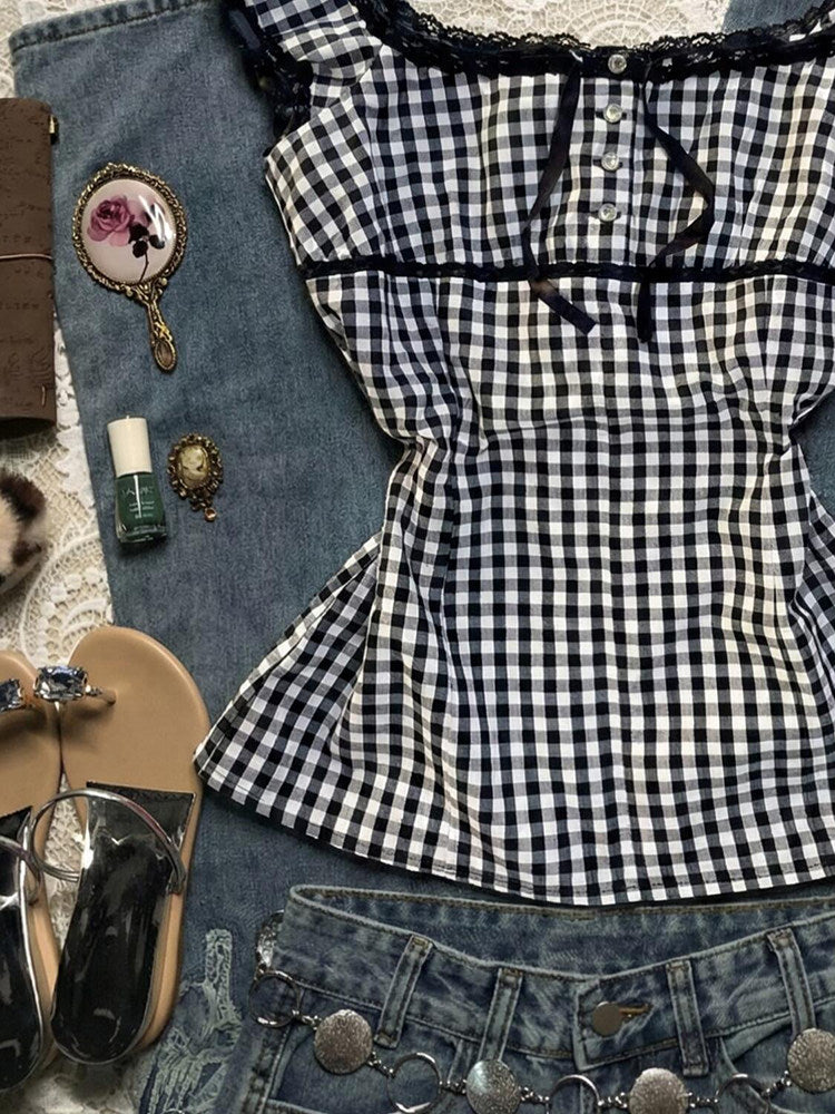 dark coquette plaid bow shirt