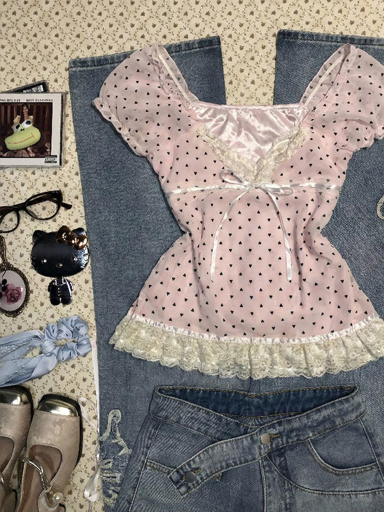 polka dots pink lace shirt