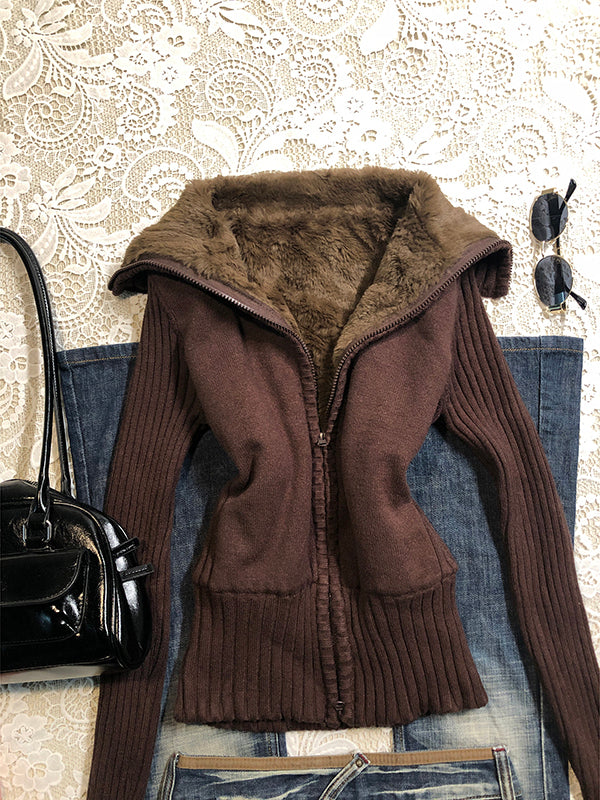 brown turtleneck slim sweater jacket