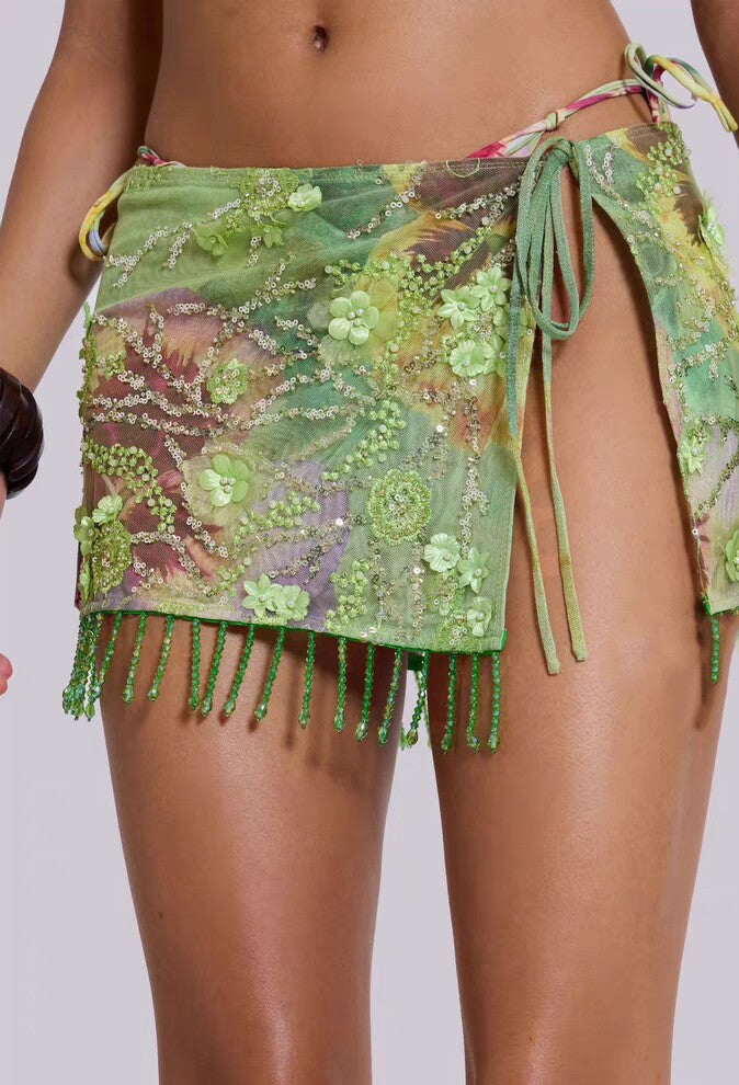 Floral Sequined Tie-Side Tassel Bikini Skirt