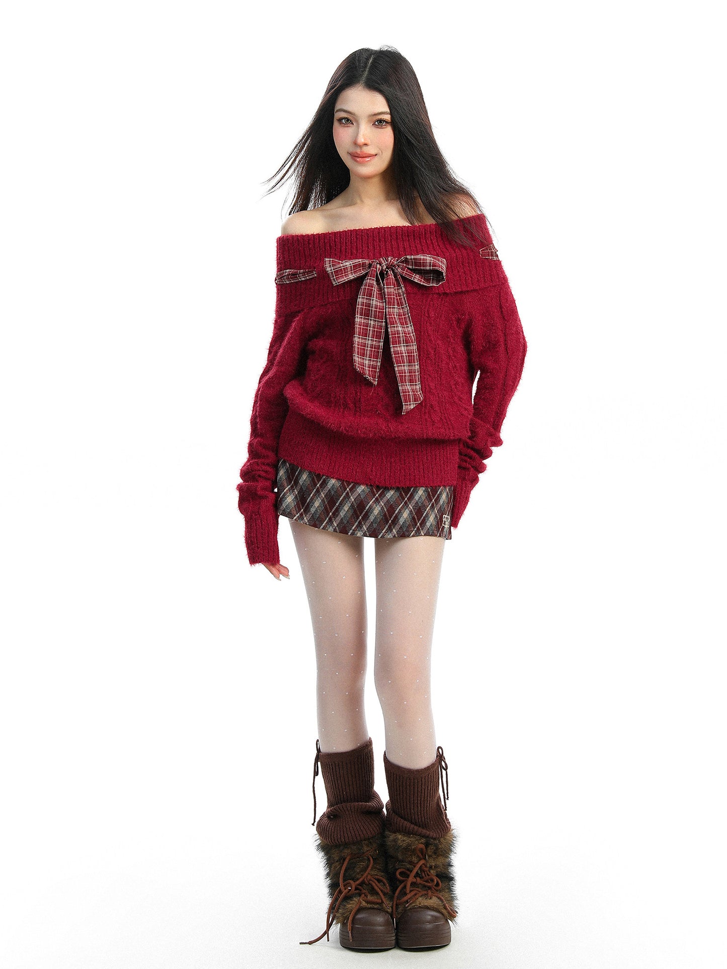 off-shoulder red sweater with bow