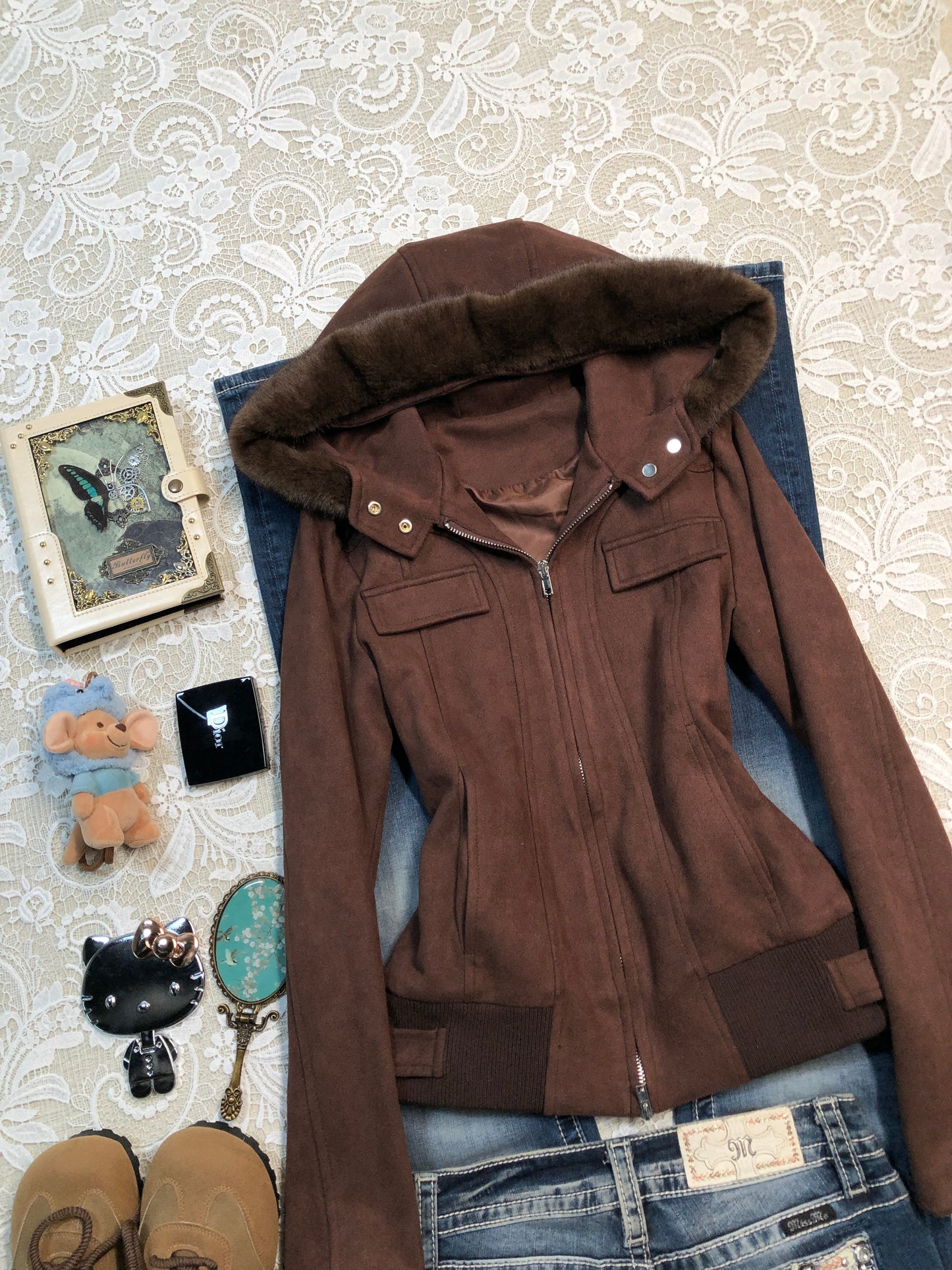 Maillard fur collar hooded short coat