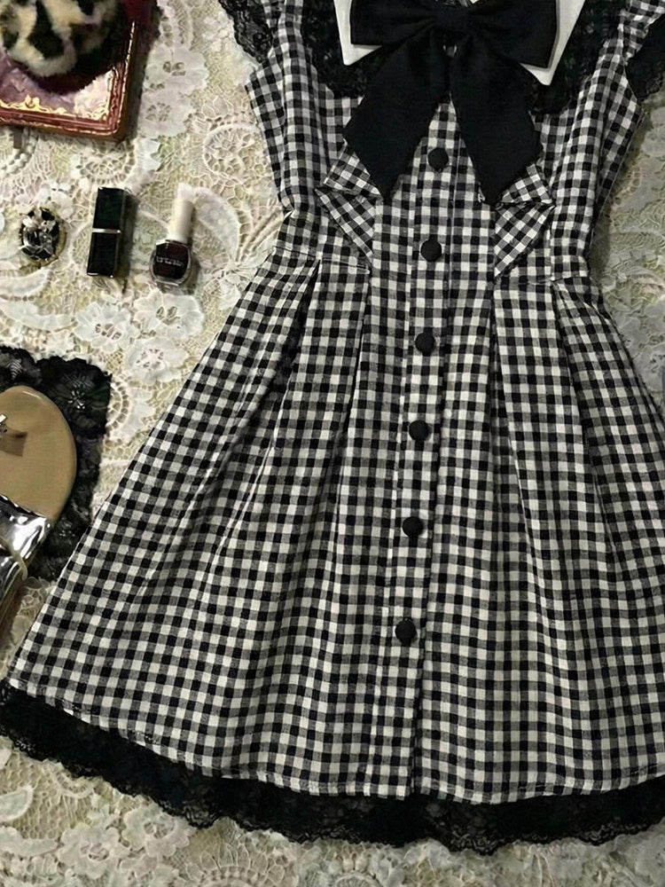 dark coquette plaid bow dress