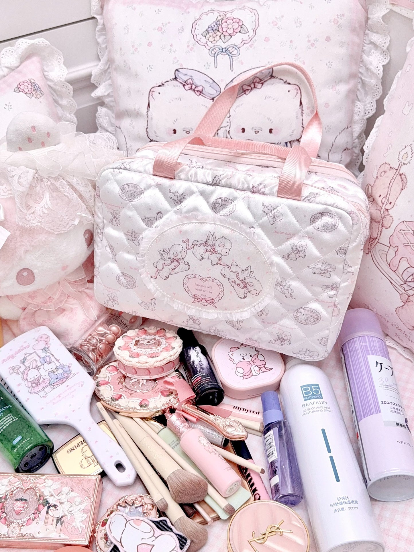 kawaii pink three-layer storage bag