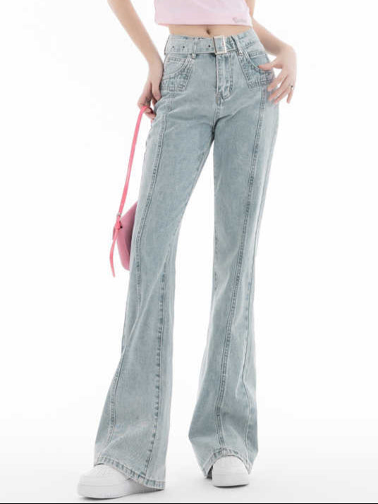 Coquette Light Blue Retro Belt Flare Jeans