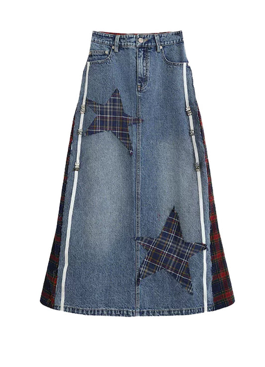 Y2K Plaid Star Patch Denim Skirt