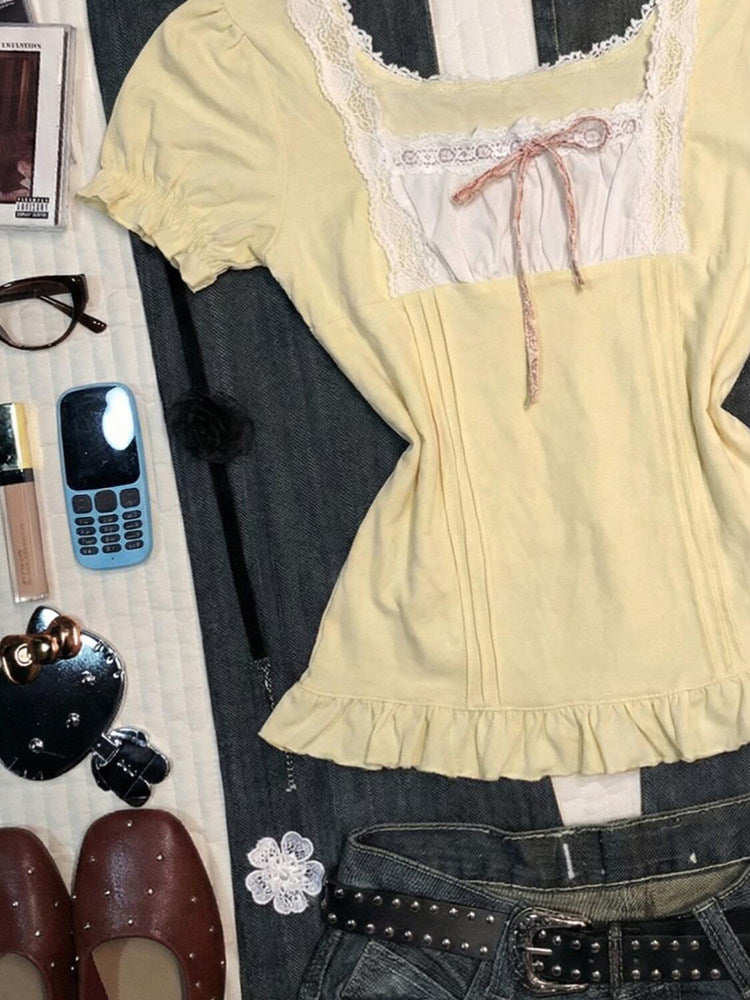 yellow lace bow shirt