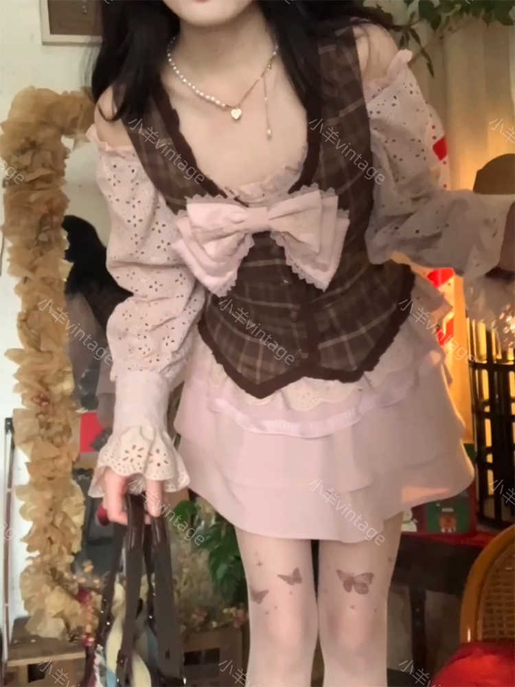 Retro Bow Lace Top Pink Plaid Vest