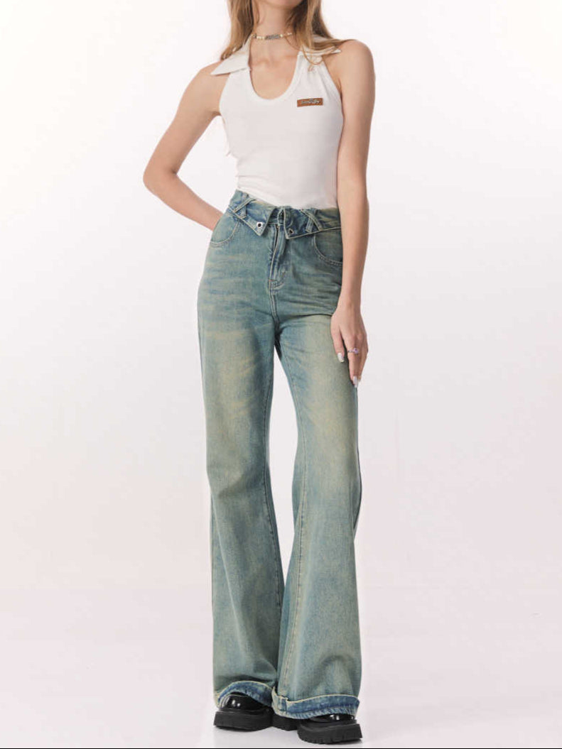 Retro Washed Straight Wide-leg Jeans