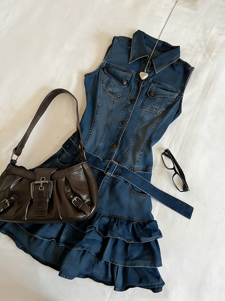denim sleeveless ruffled dress