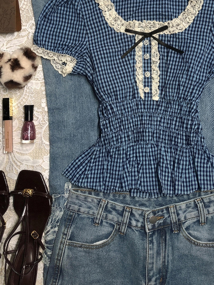 blue plaid puff-sleeved shirt