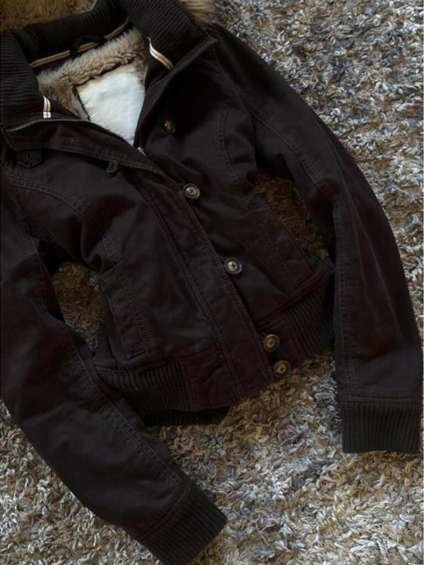 retro brown hooded fur collar jacket