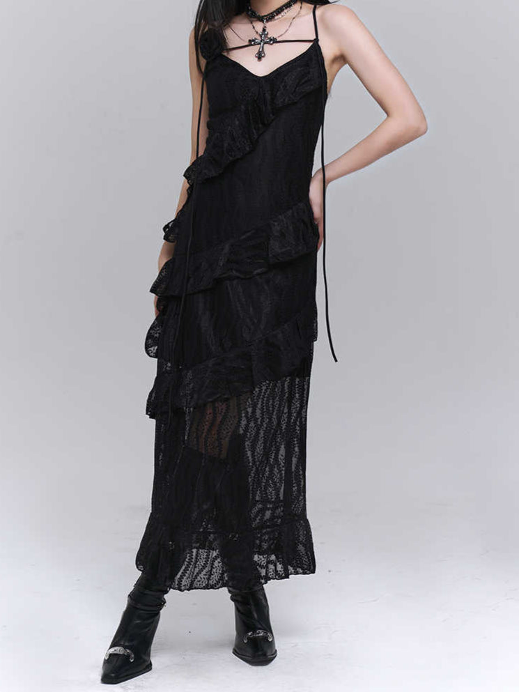 Dark Coquette Lace Ruffled Maxi Dress