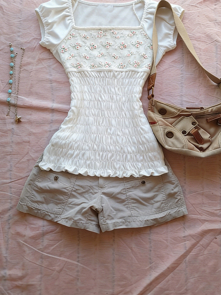 white floral square neck shirt