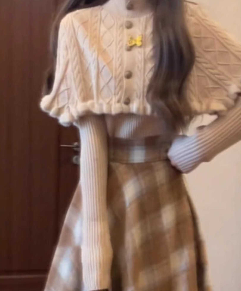 Preppy Sweater Cape Top Plaid Skirt Set