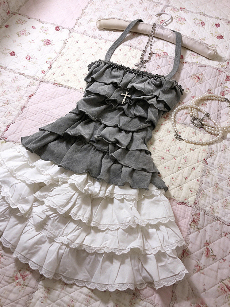 retro gray ruffled tank top