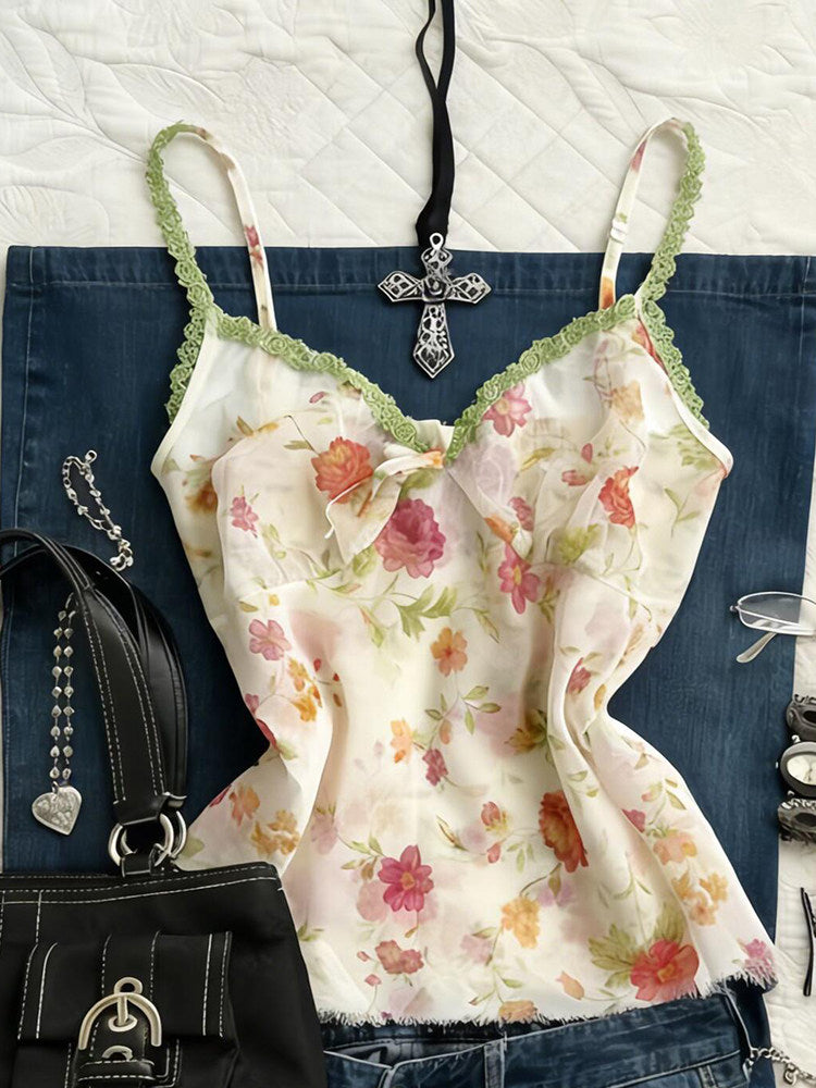 floral green lace tank top