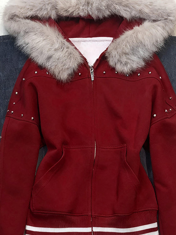 retro red plush collar hooded jacket