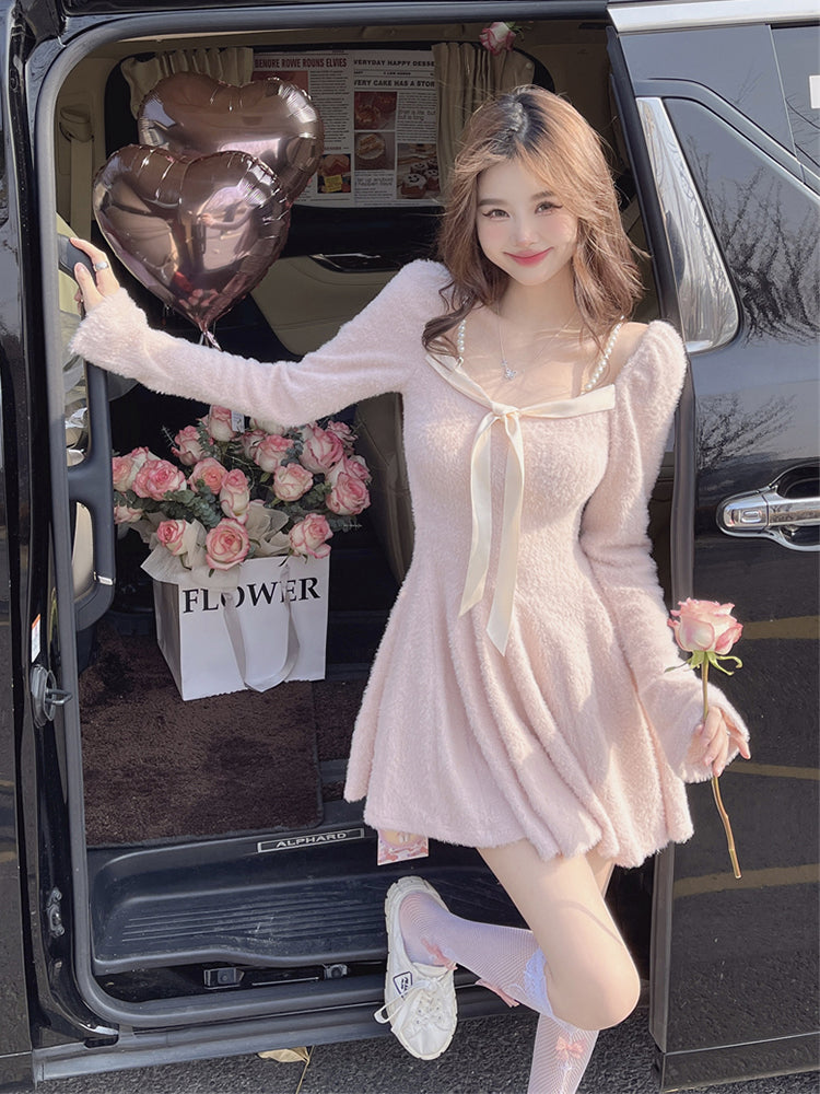 French Sweet Bow Knitted Long-sleeved Mini Coquette Dress