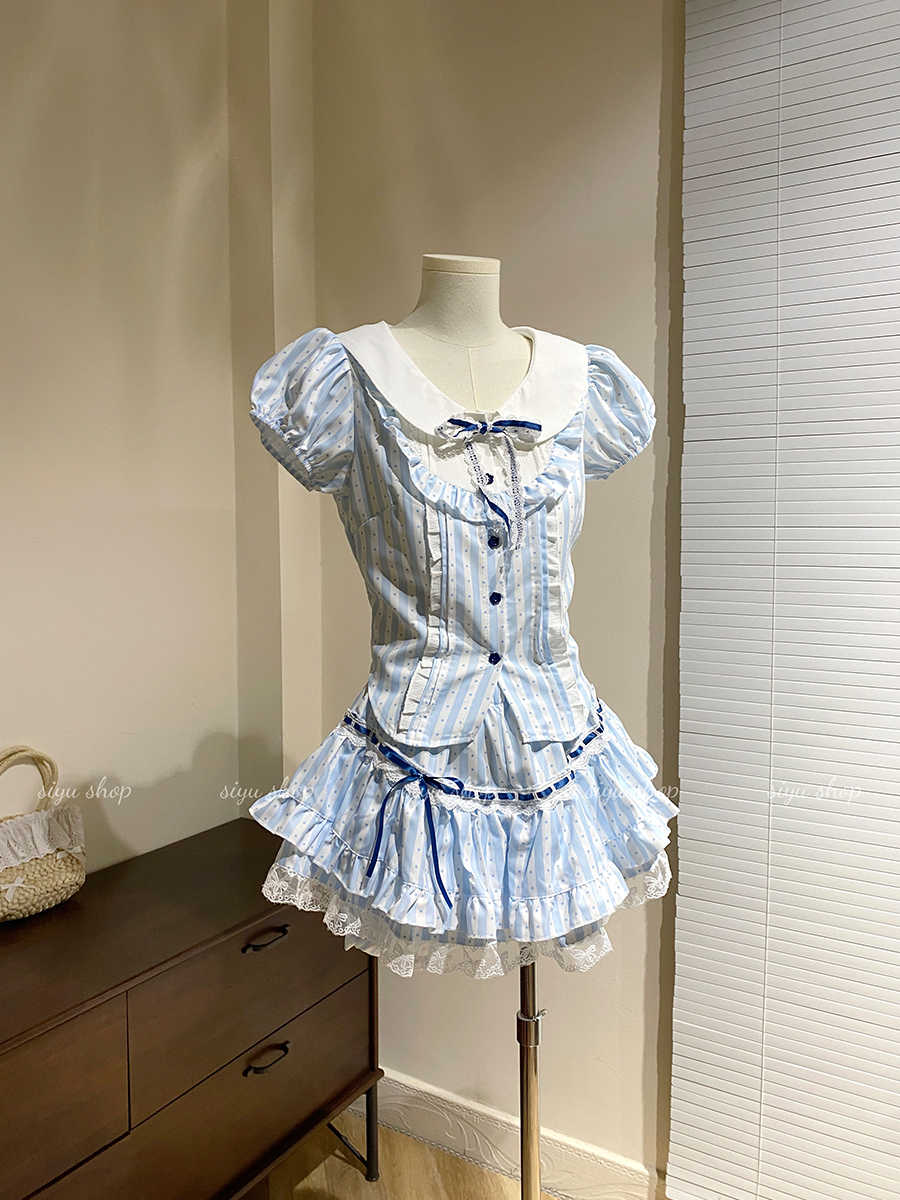 Retro Striped Bow Top Cake Skirt Suit