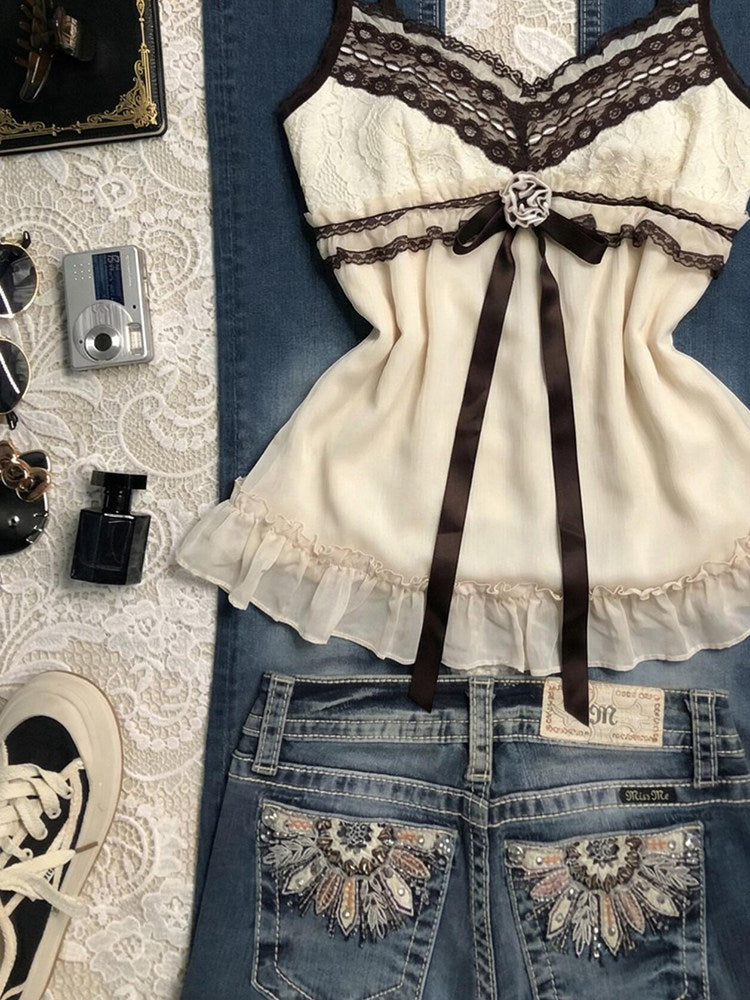 brown bow retro tank top