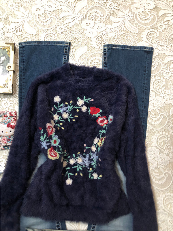 flower embroidery retro sweater