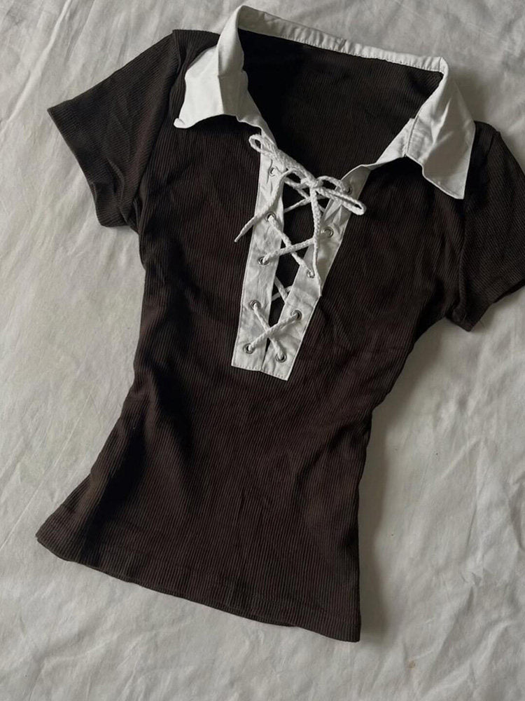 brown straps neck shirt