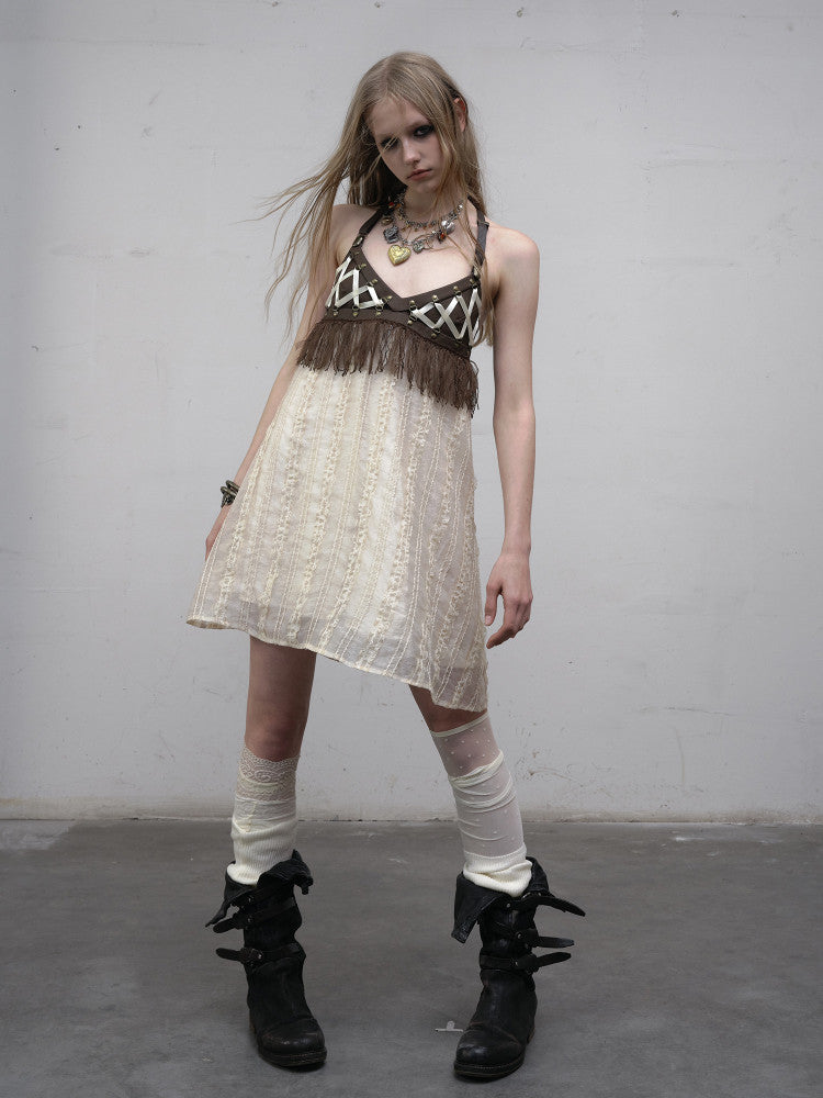 Vintage punk patchwork leather strap tie-up dress