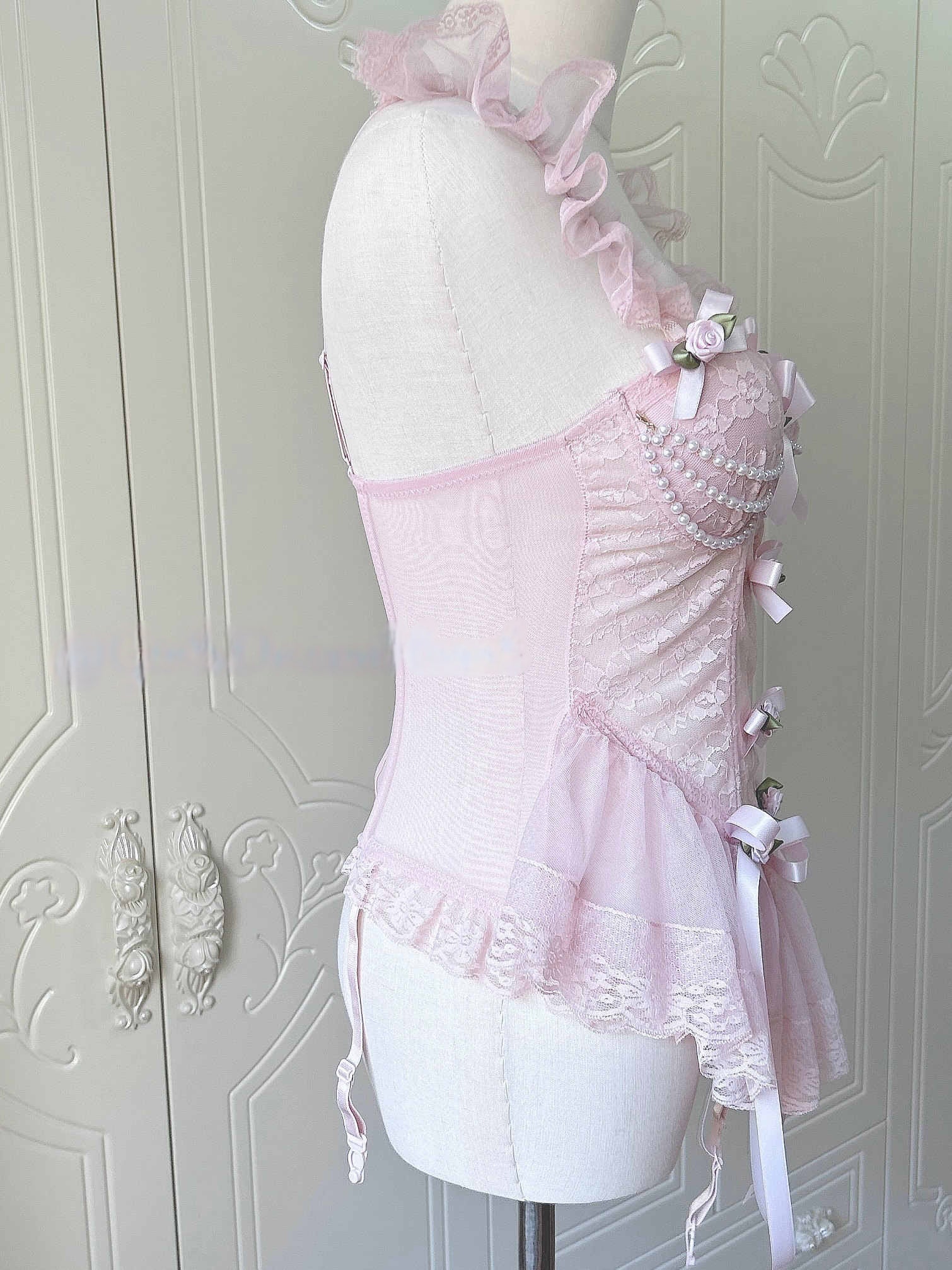 Dollete Lace Bows Fishbone Pink Corset