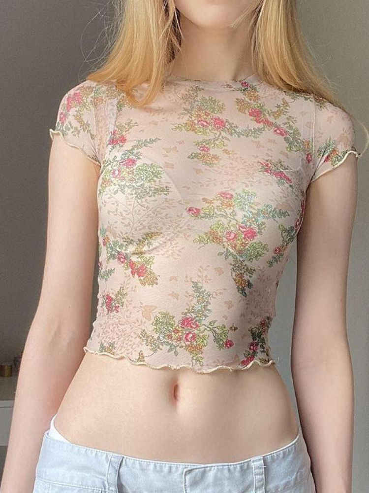 Retro Floral Mesh Top