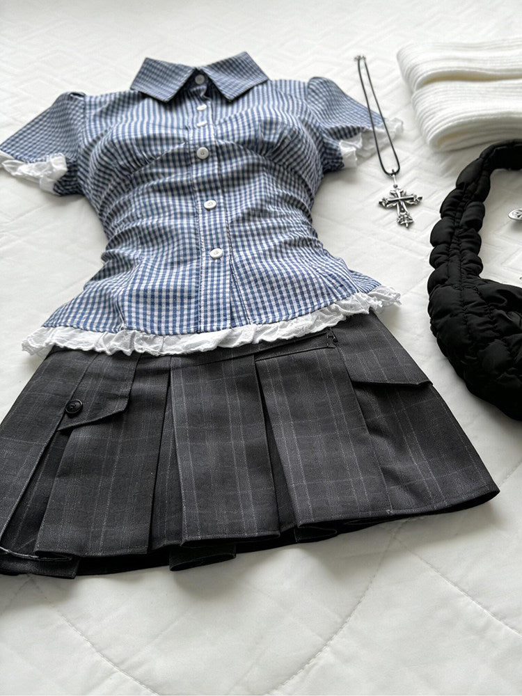 retro plaid lace trim shirt