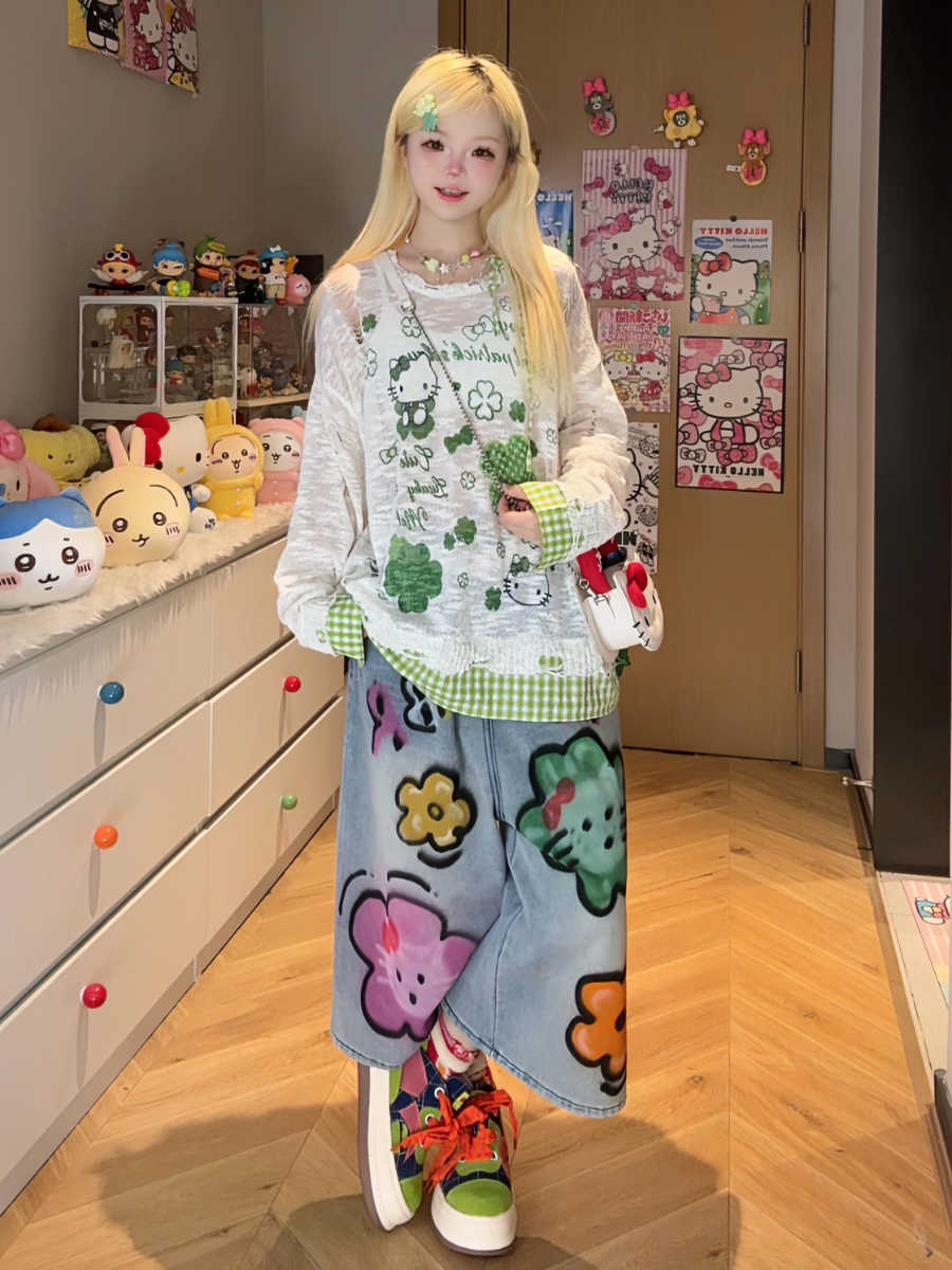 Plant Cartoon Plaid Long-sleeved Top