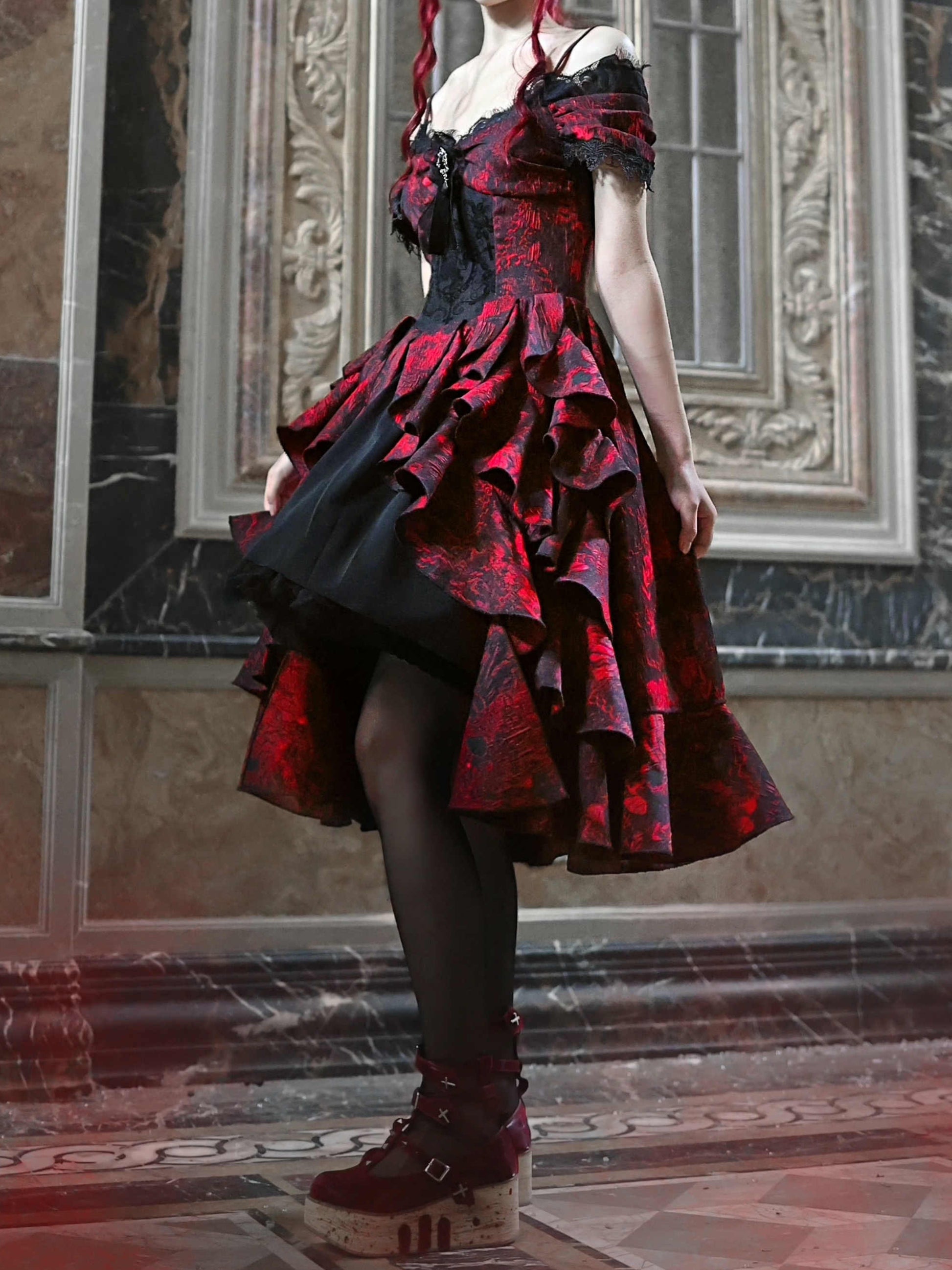 Gothic Black and Red Jacquard Palace Dress