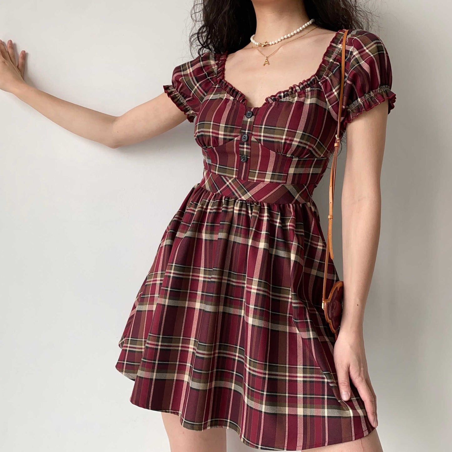 Fairy Grunge Puff Sleeve Red Plaid Dress