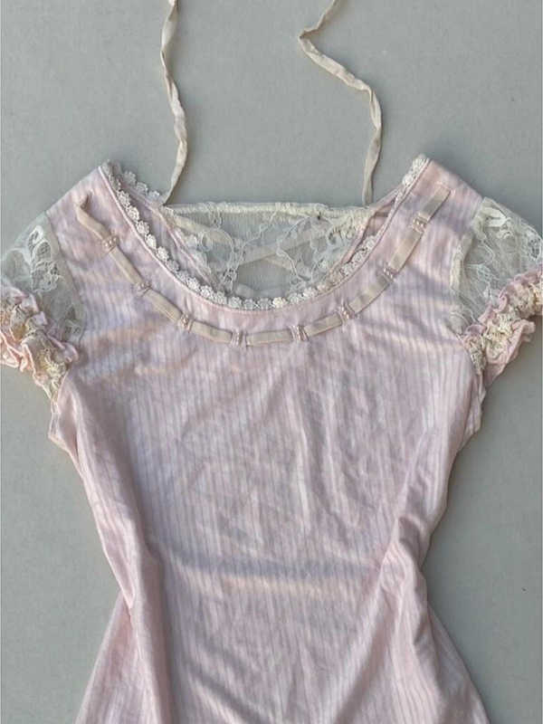 Pink Lace Splicing Short-sleeved Top