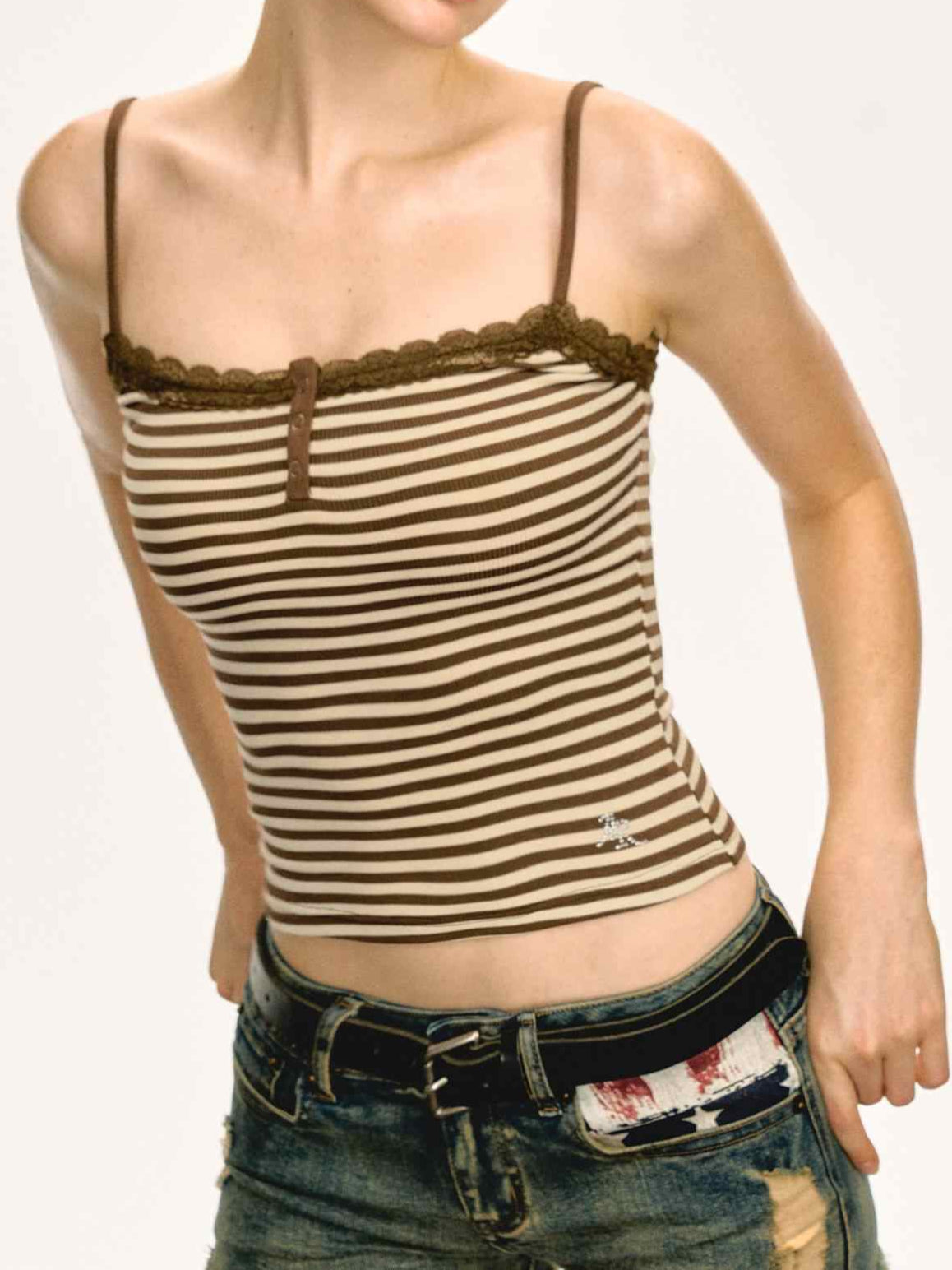 Y2K Retro Lace Striped Tank Top