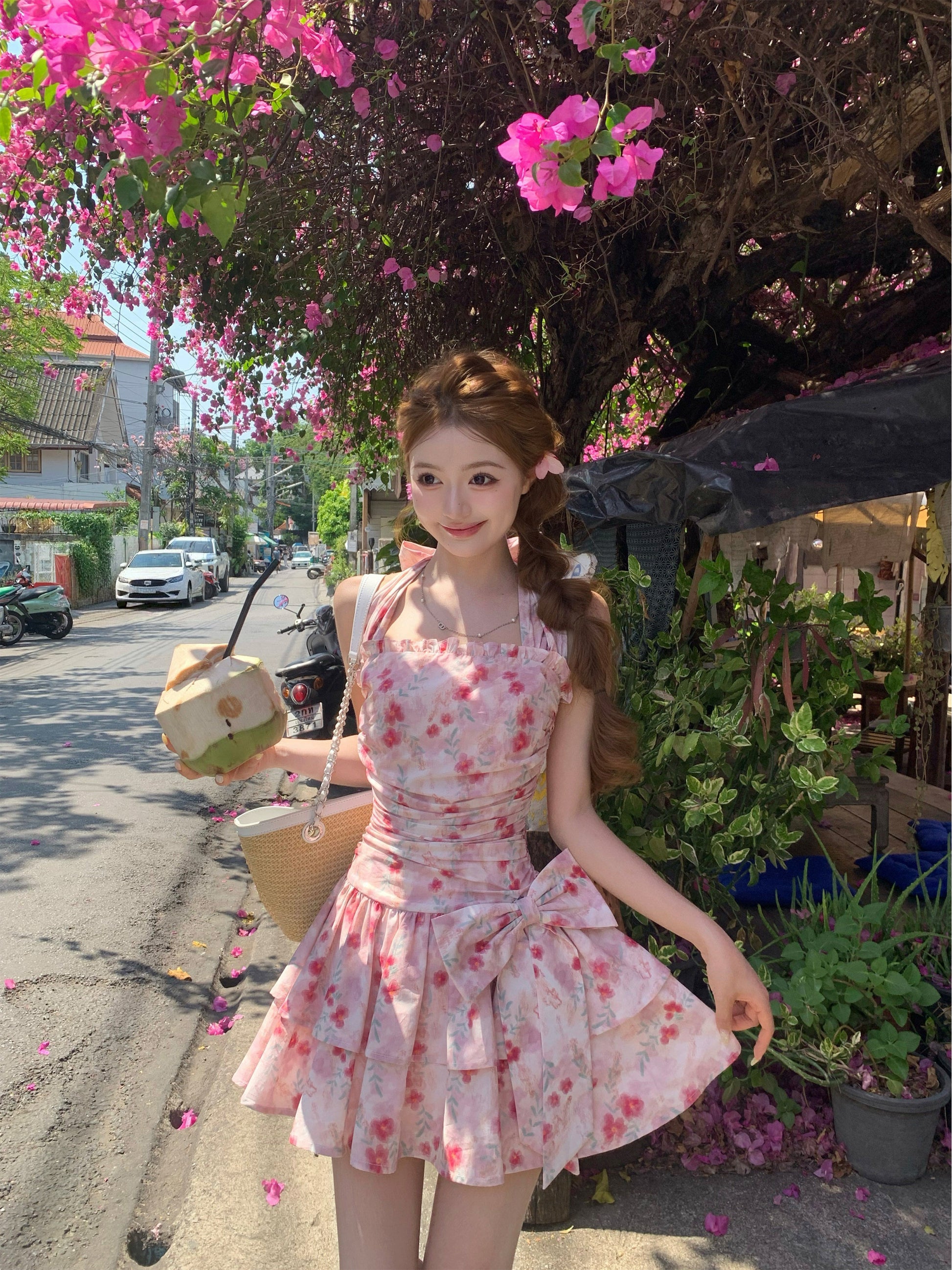 pink floral bow dress
