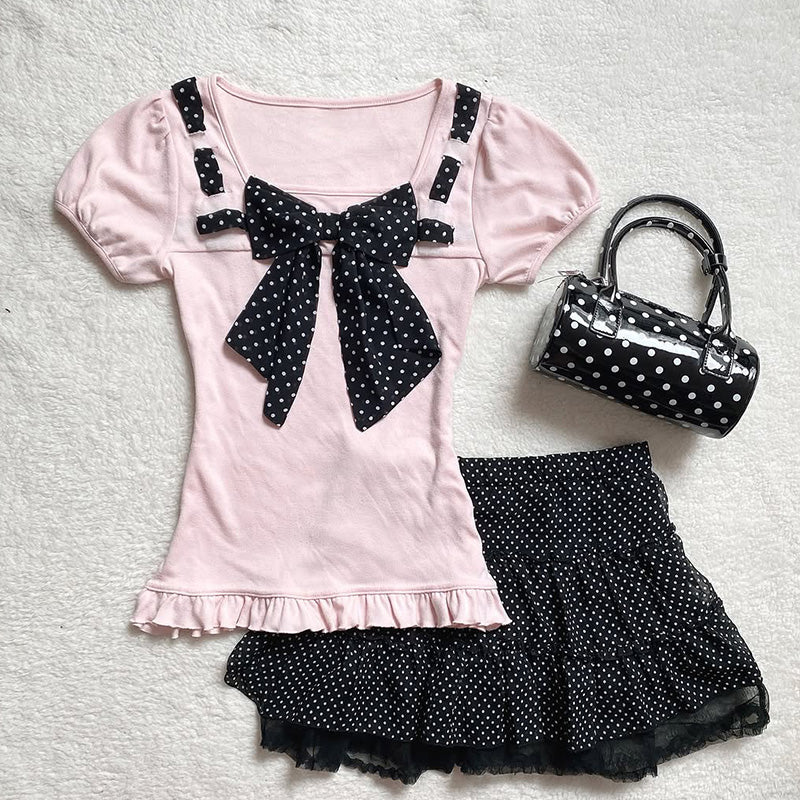 Girly pink bow short-sleeved T-shirt
