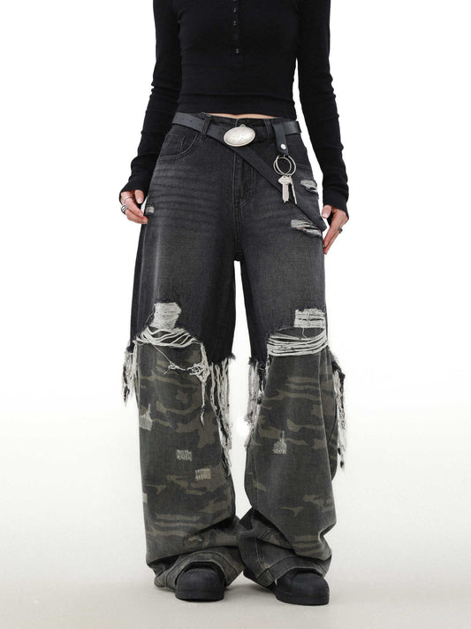 Grunge Camouflage Splicing Tassel Ripped Jeans