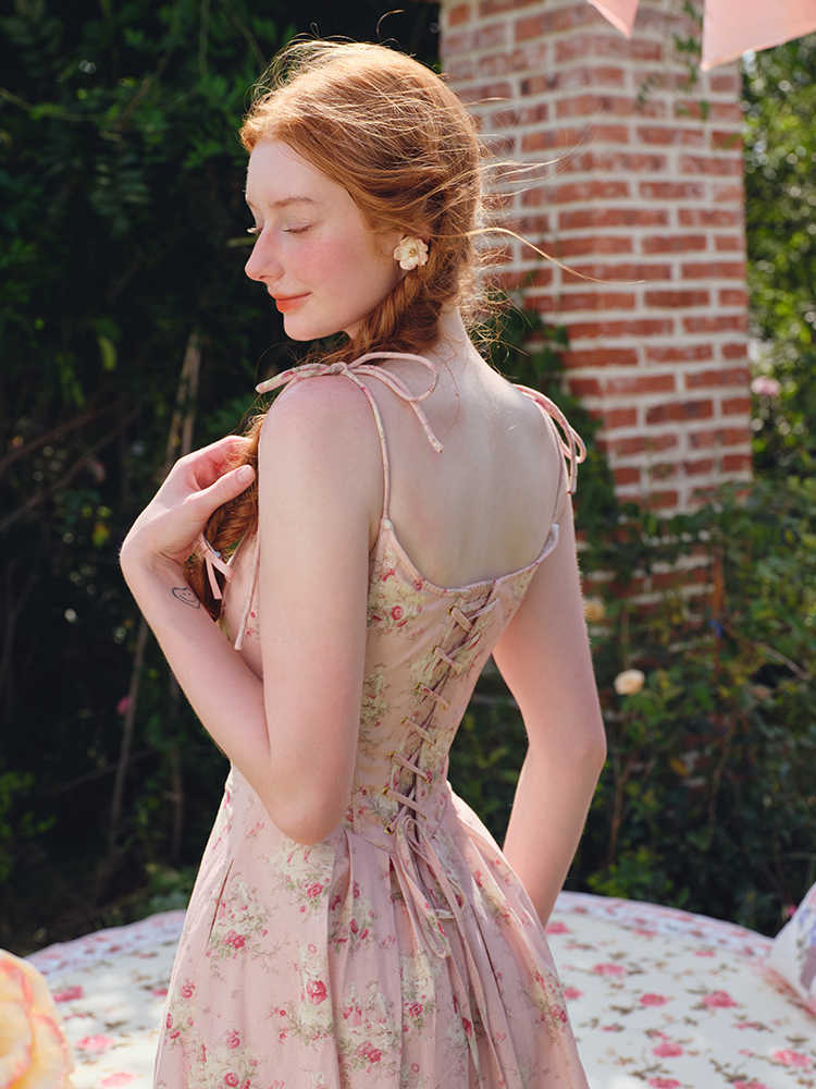 French Floral Fishbone Pink Dress