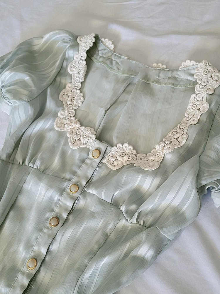 French Retro Green Lace Top