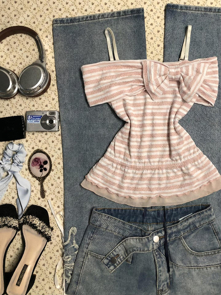 Pink Striped Sweet Off-Shoulder Top