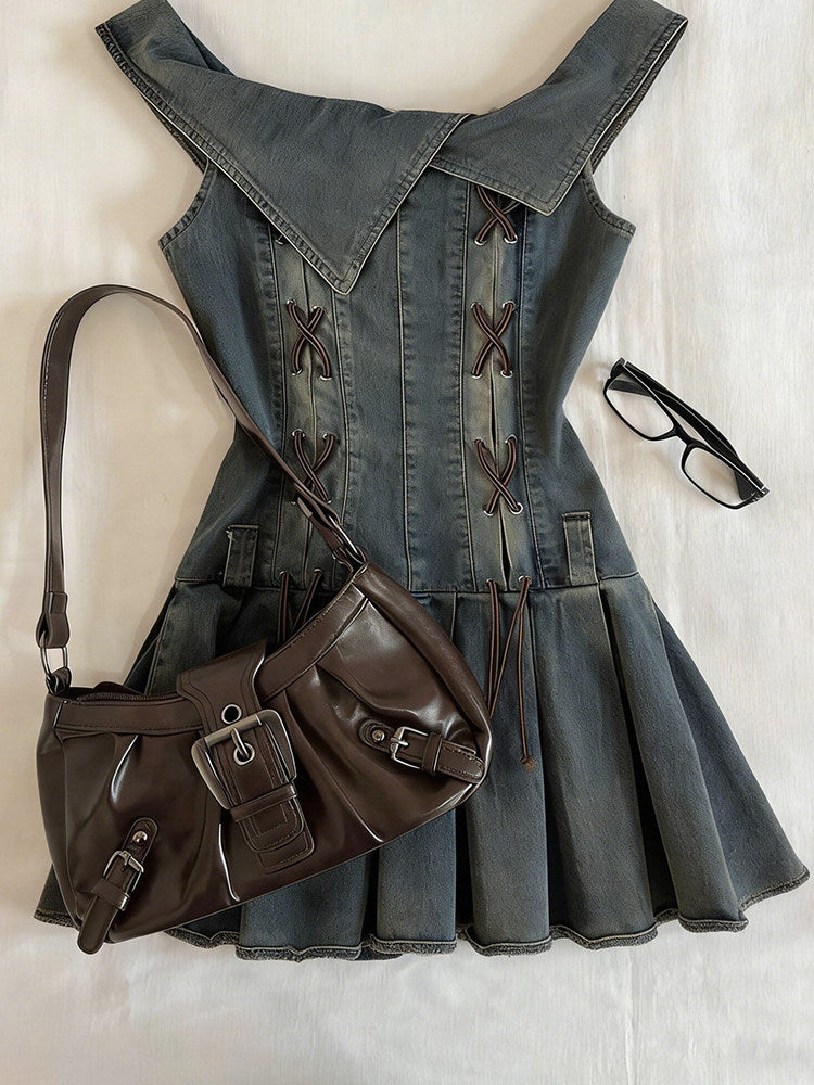 retro denim straps pleated dress