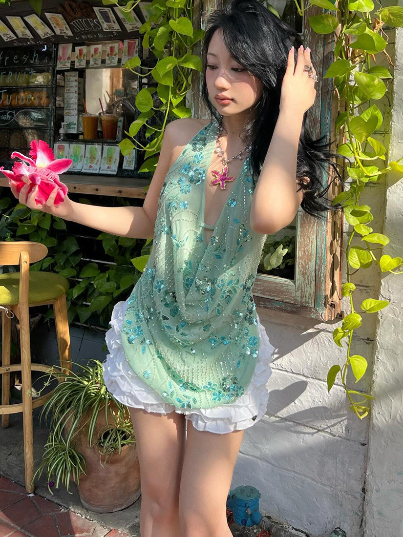 Forest Fairy Sequin Draped Halter Neck Camisole