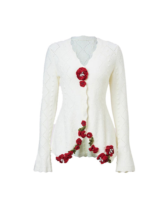 Snow Rose White Crochet Knit Cardigan