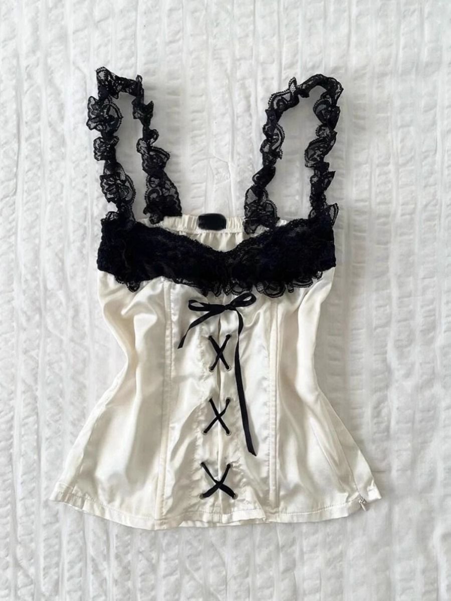 Vintage lace bottoming shirt black and white stitching suspenders