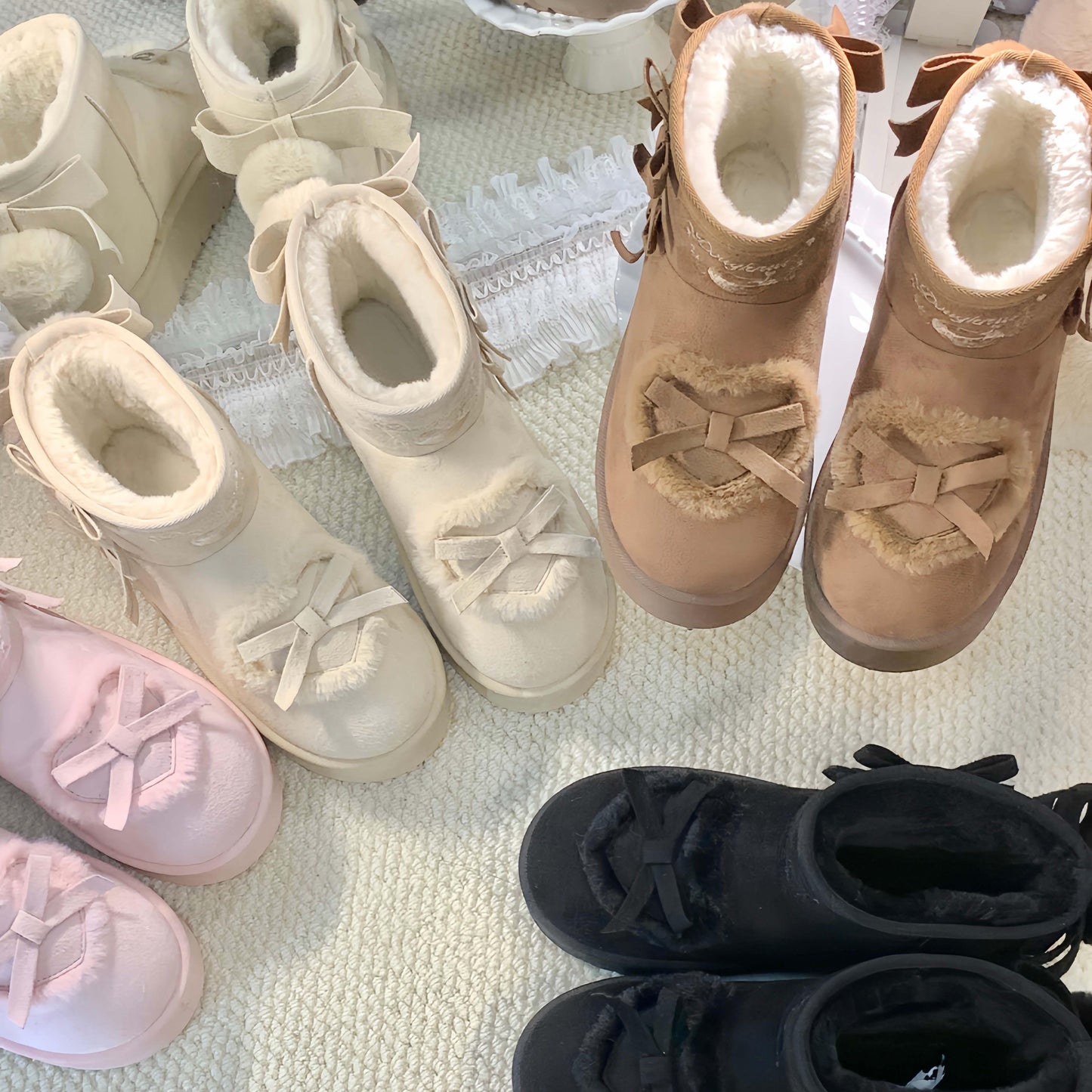 pink velvet heart-knot thick-soled snow boots