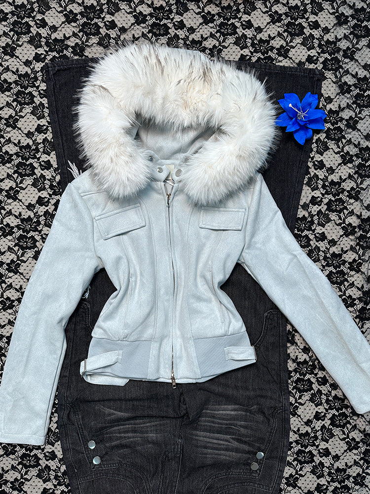 retro blue fur collar coat