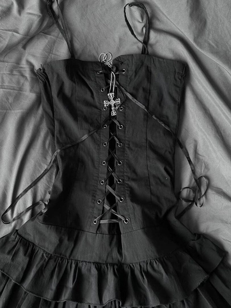 retro gray ruffled corset dress