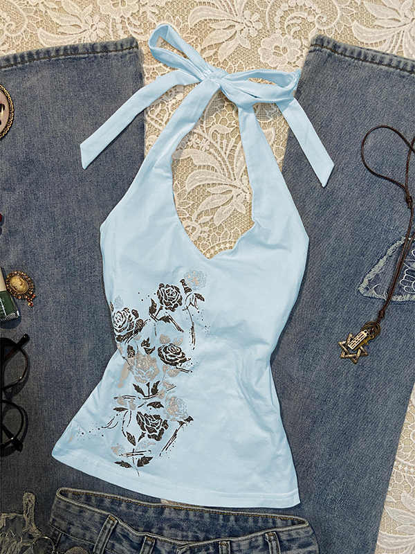 Rose Printed Halter Neck Top